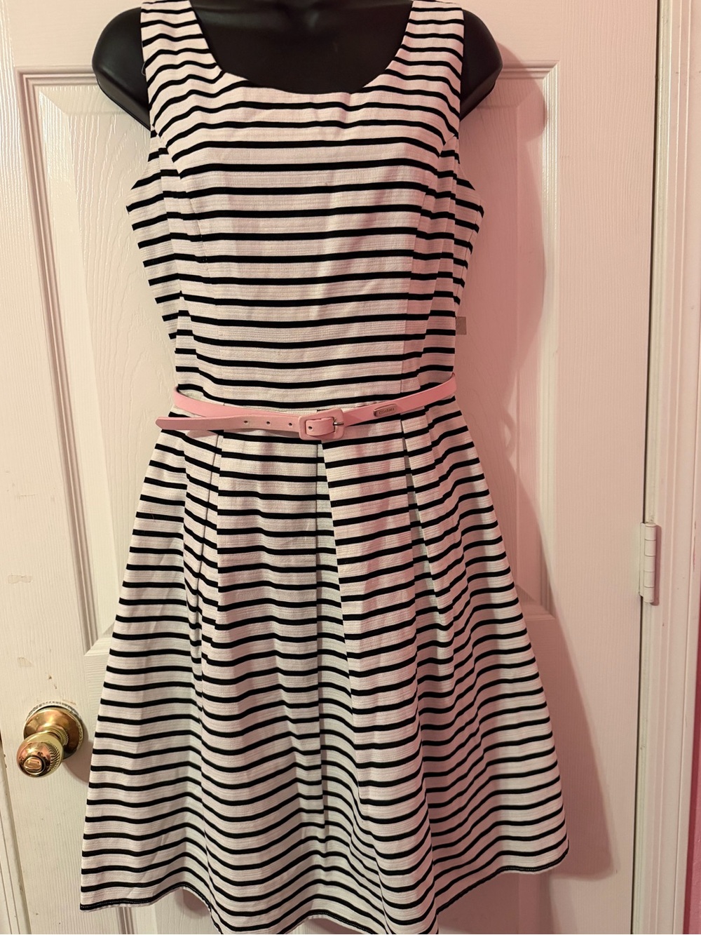Tiana B. Black & White Striped Fit-and-Flare Dress with Pink Belt Loop
